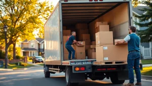Movers loading boxes into a truck from moving companies calgary in a sunny residential area.