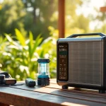 EcoFlow power station showcasing its sleek design amidst outdoor gear for camping.