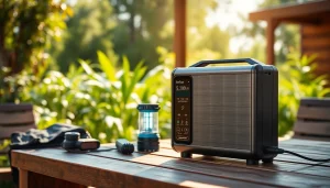 EcoFlow power station showcasing its sleek design amidst outdoor gear for camping.