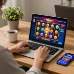 Playing TR88 casino games on laptop with engaging visuals in a cozy home environment