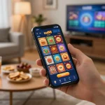 Engaging with uu88 vom online betting on a smartphone in a cozy home atmosphere