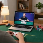 A player enhances their strategy on the alo789 online poker platform during a home gaming session.