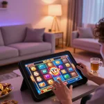 Nổ hũ gaming session on a tablet showing colorful slots with player engaging
