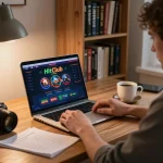 Engaged player using Hitclub online casino from the comfort of home, showcasing a responsible gaming setup.