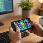 Play game nổ hũ đổi thưởng on smartphone in a cozy home setup with engaging slot interface.