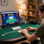 Cổng game B52Club online poker game setup at home, cozy ambiance and gameplay on screen.