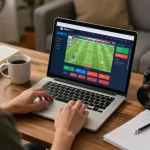 User placing bets on trang cá cược bóng đá through a laptop in a cozy home environment