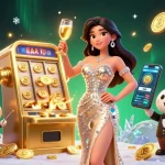 Fly88 captivates with a glamorous illustration of a woman toasting beside a jackpot slot machine, surrounded by vibrant casino elements.