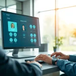 Engaged professional using remote call control software in a bright office.