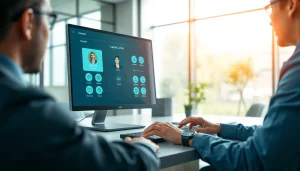Engaged professional using remote call control software in a bright office.
