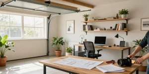 Garage conversion specialist near me transforming an unused garage into a stylish home office with modern decor.