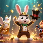 Experience the thrill of winning with link vào cm88, featuring a magical rabbit and playful characters in a vibrant casino scene.