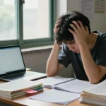 一名压力大的学生正在努力学习，面临挂科毕业不了的挑战，周围是教科书和学习资料，身处一个舒适的学习环境中。
