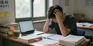 一名压力大的学生正在努力学习，面临挂科毕业不了的挑战，周围是教科书和学习资料，身处一个舒适的学习环境中。