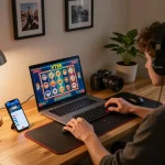 Player enjoying an exciting VT88 online casino game on a laptop, showcasing immersive gaming experience.
