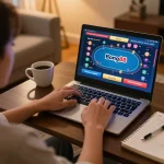 Bong88 user strategizing in a cozy home environment while playing online poker.