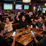 Engaged bettors using smartphones for de bet in a lively sports bar atmosphere