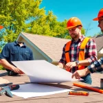 Roofing company team inspecting a residential roof, showcasing expertise and professionalism.
