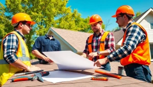 Roofing company team inspecting a residential roof, showcasing expertise and professionalism.