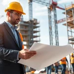 New Jersey Construction Manager supervising a busy construction site with detailed plans and active workers.