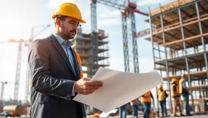 New Jersey Construction Manager supervising a busy construction site with detailed plans and active workers.