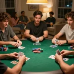 Players at a home poker night strategizing and enjoying games, highlighting tr88 poker chips and hands.