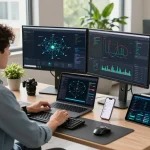 快连 network optimization in a modern tech workspace with AI routing algorithms displayed on dual monitors.