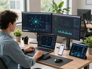 快连 network optimization in a modern tech workspace with AI routing algorithms displayed on dual monitors.