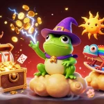 Join the 88aa adventure with a magical frog and chameleon amidst a gold coin storm and vibrant casino elements.