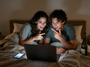 Couple enjoying NSFW AI chat on laptop in cozy bedroom setting.