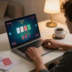 Luck8 players strategizing during an online blackjack game at home, showcasing strategic gameplay atmosphere.