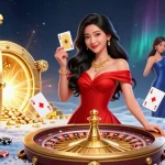 Socolive broadcasts thrilling casino experiences with a stunning Asian woman holding a playing card next to a roulette wheel.