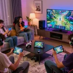 Hit club players enjoying online gaming in a modern living room with vibrant decor and devices
