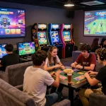 Exciting gaming atmosphere at Sun Win with players engaged in card games and slots.