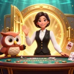 Experience the excitement of 68Win with Asian dealers, baccarat, and treasure in this vibrant casino illustration.