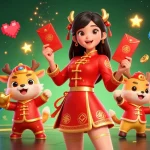 uu88 presents a vibrant casino scene featuring an Asian woman in festive attire, gold elements, and gaming machines.