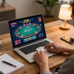 Player enjoying online poker on SC88, showcasing betting options and game action in a cozy home setting.