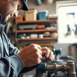 Find a reliable plumber near me expertly repairing pipes in a well-lit workshop.