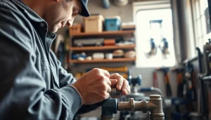 Find a reliable plumber near me expertly repairing pipes in a well-lit workshop.