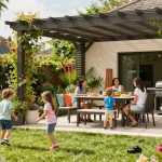 Family under a pergola configurator enjoying a sunny garden day with vibrant plants and outdoor dining.