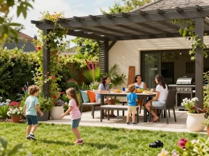Family under a pergola configurator enjoying a sunny garden day with vibrant plants and outdoor dining.