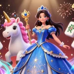 PAGCOR app dazzling scene with a royal blue ball gown character, unicorn, and casino-themed elements.
