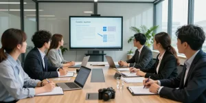 Team of forensic auditors collaborating in a modern conference room discussing strategies at aafikotacimahi.org.