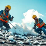 Removing spray foam roof removal insulation by professionals on a sunny day.