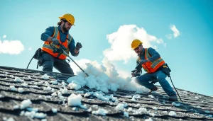 Removing spray foam roof removal insulation by professionals on a sunny day.