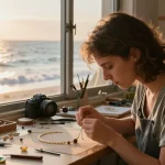 Elegant recycled gold necklace being handcrafted in a seaside workshop filled with natural light and creativity.