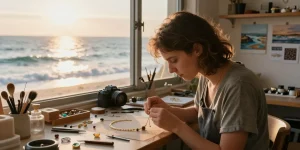 Elegant recycled gold necklace being handcrafted in a seaside workshop filled with natural light and creativity.