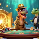 Experience bonus buy slots UK with an animated velociraptor at the casino, amidst treasures and vibrant gems.