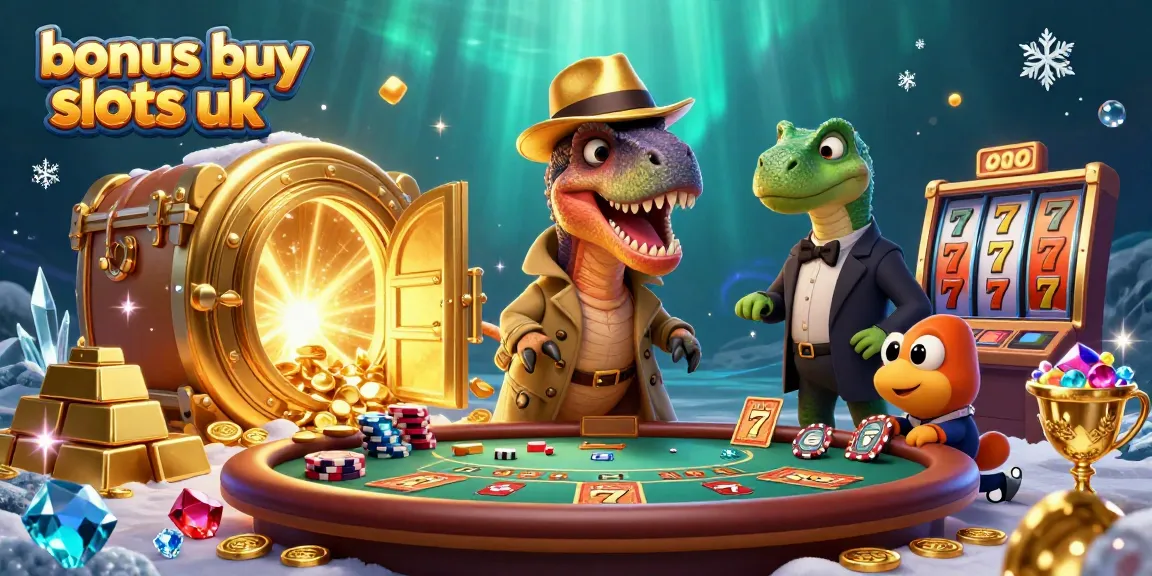 Experience bonus buy slots UK with an animated velociraptor at the casino, amidst treasures and vibrant gems.