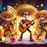 Zowin showcases a lively casino scene with colorful skeleton mariachi musicians amidst a burst of treasures.
